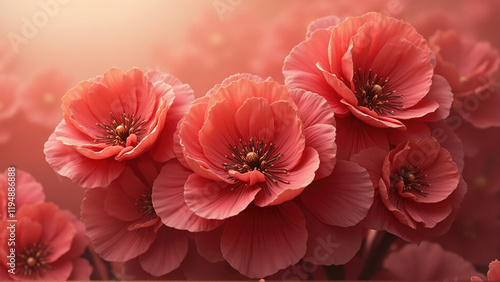 Beautiful coral blossoms in soft light create a tranquil atmosphere in spring garden setting