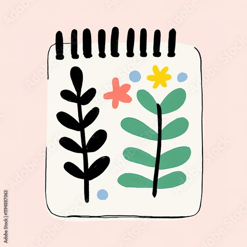 A playful illustration of a notepad featuring colorful leaves and flowers against a soft background.
