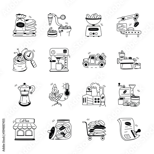 A set of hand drawn icons depicting various stages of coffee production, from harvesting and processing to roasting,
