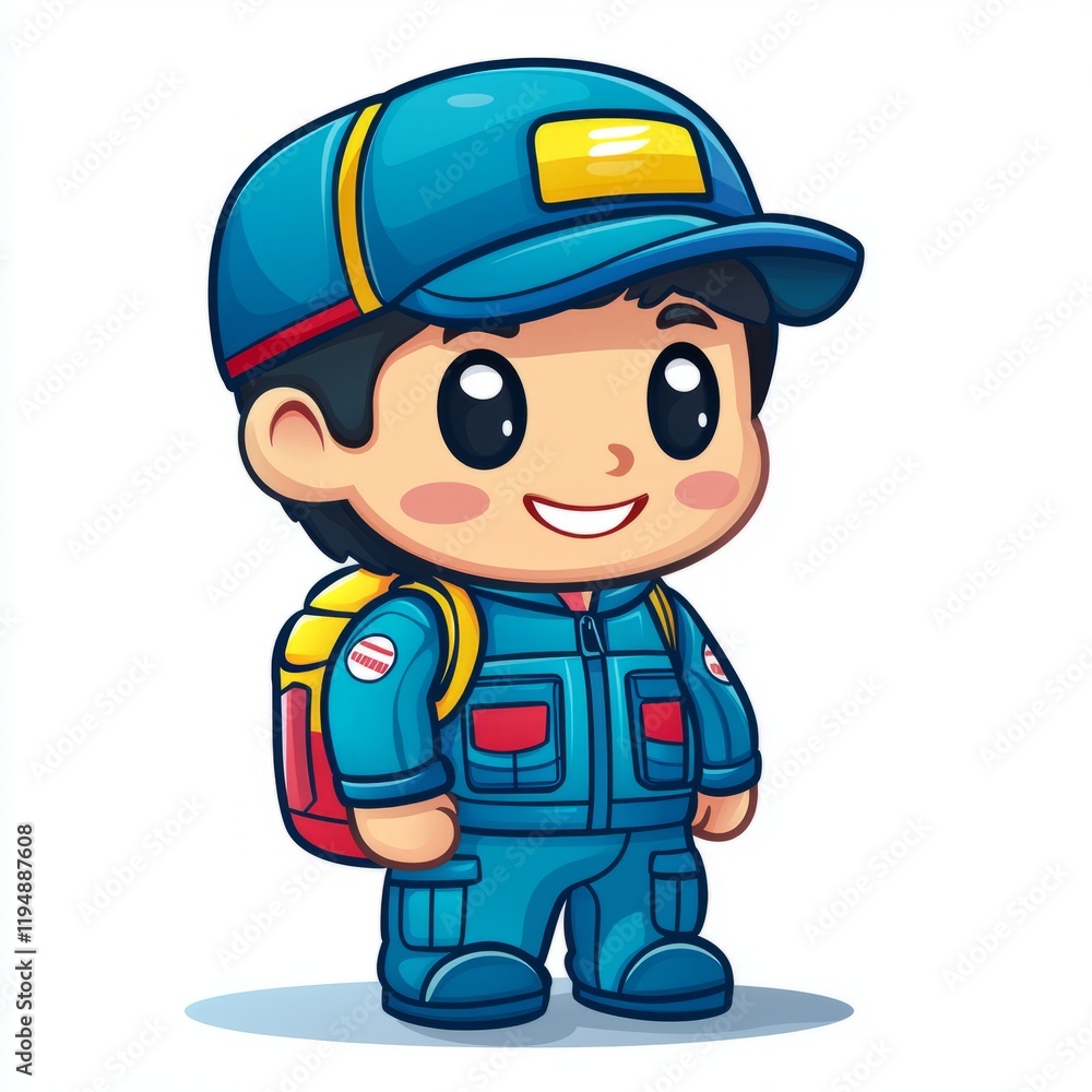 Happy Young Boy Wearing Blue Work Uniform And Backpack Happy Young Boy Wearing Blue Work Uniform And Backpack
