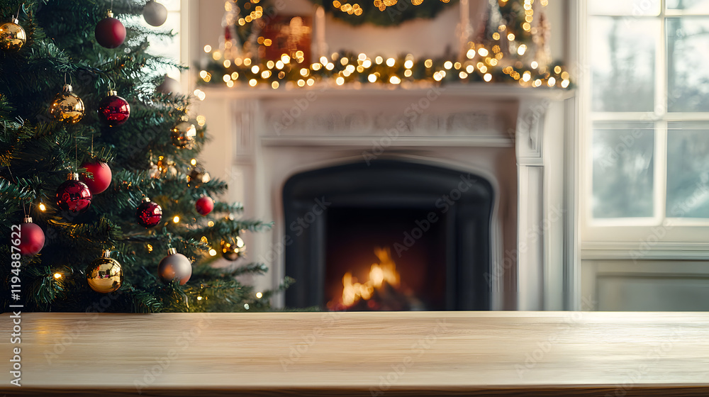 Empty table in front of christmas tree and fireplace decorations Empty table in front of christmas tree and fireplace decorations