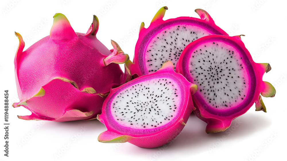 Whole and sliced dragon fruit isolated on a transparent or white background Whole and sliced dragon fruit isolated on a transparent or white background
