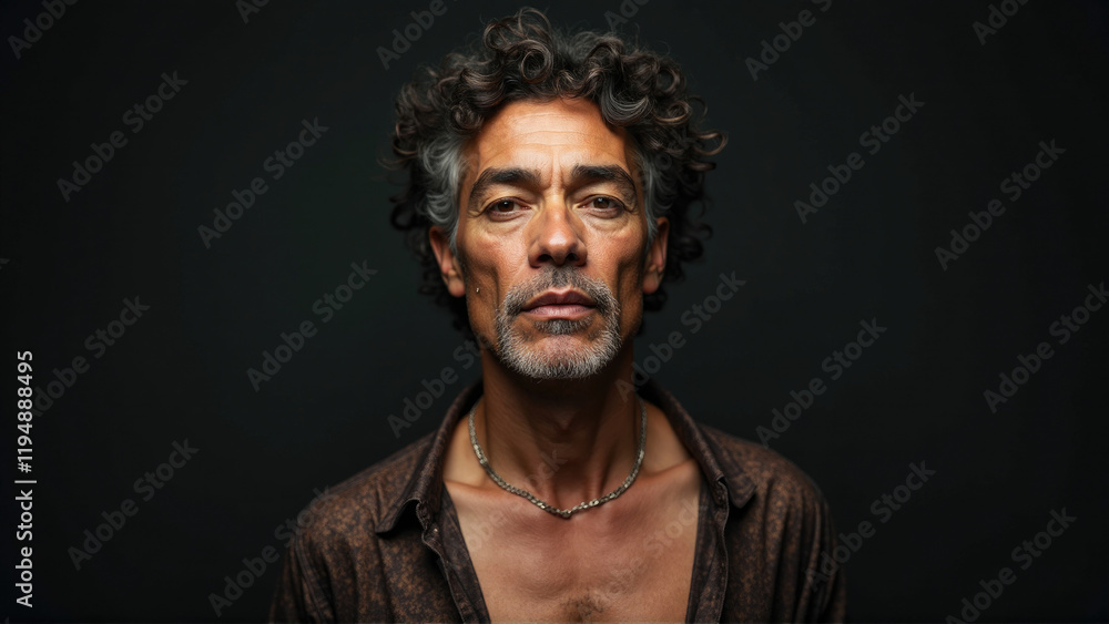 Obraz premium Mature man with curly hair poses confidently against a dark backdrop showcasing strong facial features