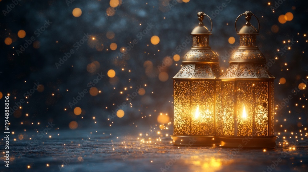 Two Illuminated Ornate Lanterns Glow Brightly Two Illuminated Ornate Lanterns Glow Brightly