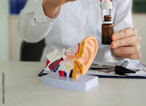 Detailed ear model and physician preparing otic drops in medical examination  photo