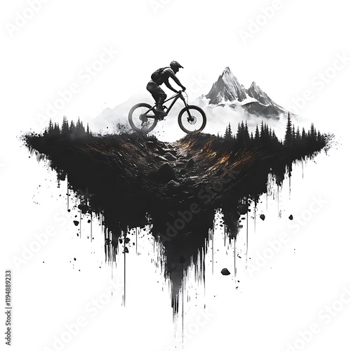 Thrilling mountain biking scene, mountain biker navigating a rugged trail with agility, white background ::2 downhill rush, rocky terrain, adrenaline-charged ride, forest scenery, black background, 