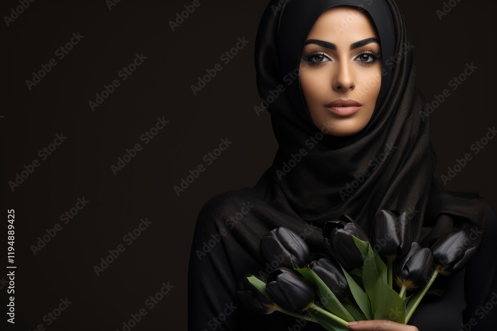Arab Woman holding a bouquet of black flowersFictional Character Created By Generative AI Arab Woman holding a bouquet of black flowersFictional Character Created By Generative AI