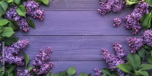 Vibrant lilac blooms in purple wooden background with greenery framing the scene creating a fresh spring atmosphere and natural beauty. photo