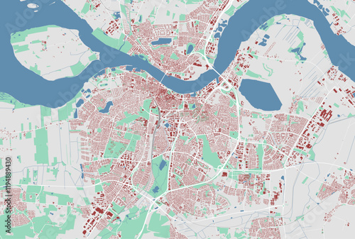 Map of Aalborg, Denmark. Detailed city map with buildings, municipality area.