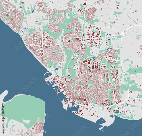 Map of Esbjerg, Denmark. Detailed city map with buildings, municipality area.