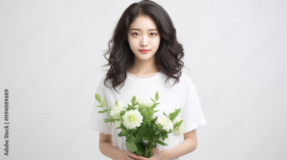 Beautiful Asian Woman holding a lovely bouquet of white flowersFictional Character Created By Generative AI Beautiful Asian Woman holding a lovely bouquet of white flowersFictional Character Created By Generative AI