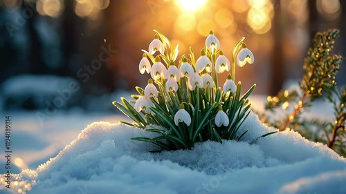 Snowdrops in the forest, flowers, awakening of nature after winter	