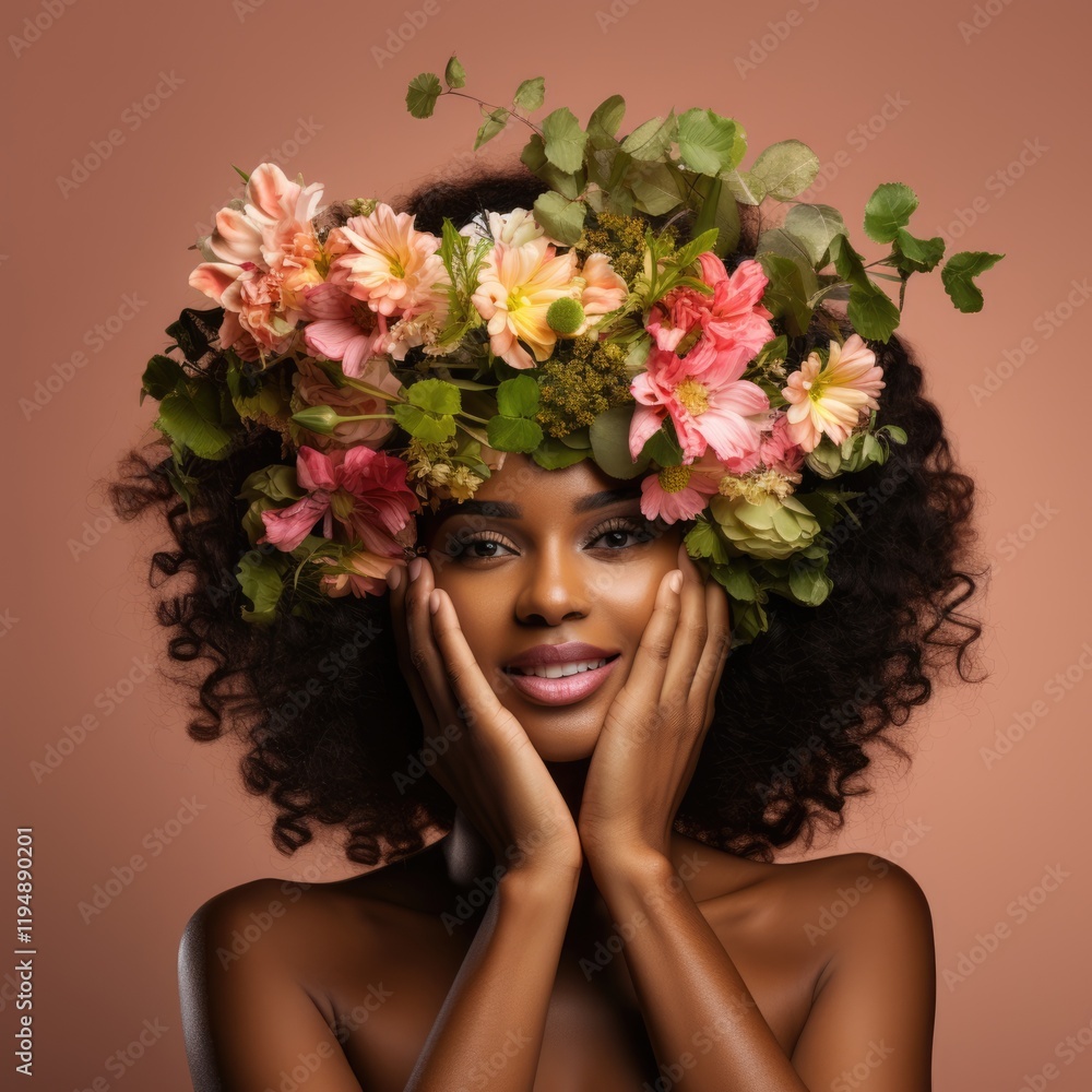Stunning African Woman with Dazzling Smile Wears a Flower CrownFictional Character Created By Generative AI Stunning African Woman with Dazzling Smile Wears a Flower CrownFictional Character Created By Generative AI