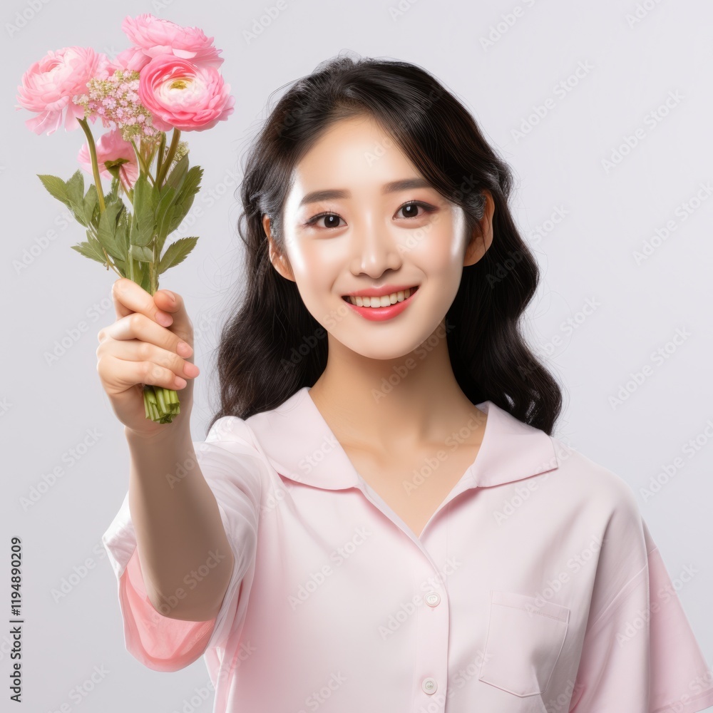 Asian Woman smiling and holding a small bouquet of flowersFictional Character Created By Generative AI Asian Woman smiling and holding a small bouquet of flowersFictional Character Created By Generative AI