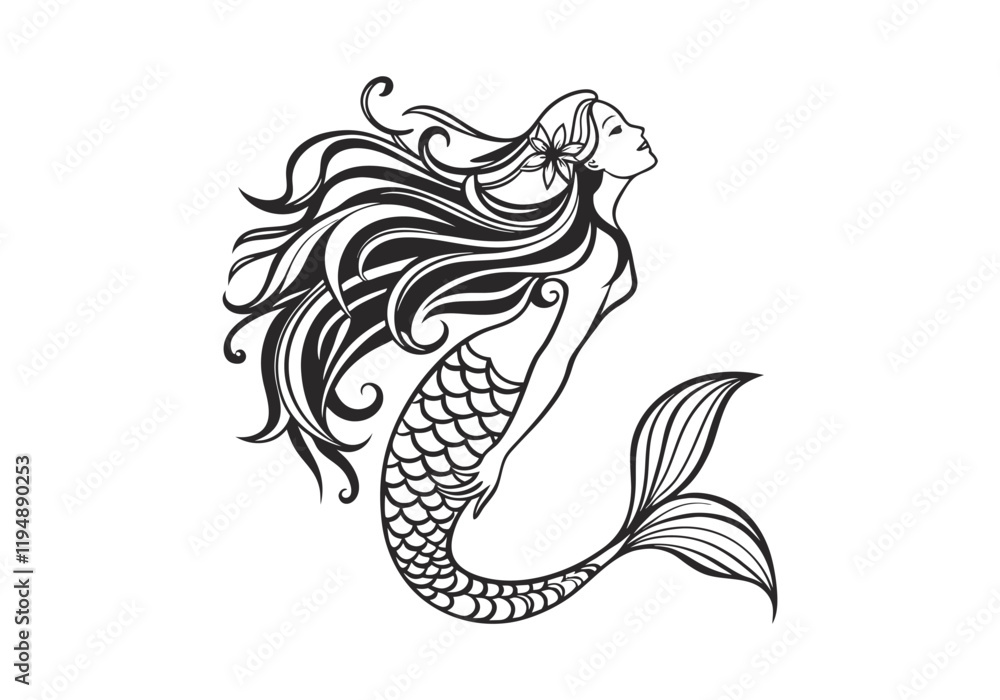 Fototapeta premium Vintage Mermaid Woodcut Engraving Style Vector Illustration with Intricate Hand-Drawn Details