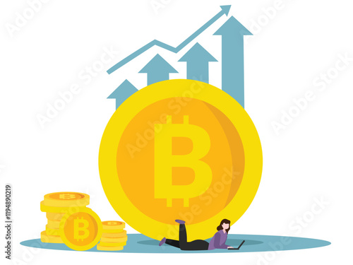 Young woman working on laptop near with big bitcoin sign and trading graph. Funding and making investments for bitcoin, Digital Money, Cryptocurrency Investment Concept.