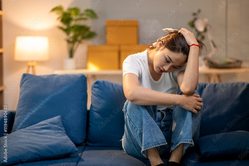 Naklejka premium A woman is sitting on a blue couch with her head in her hands