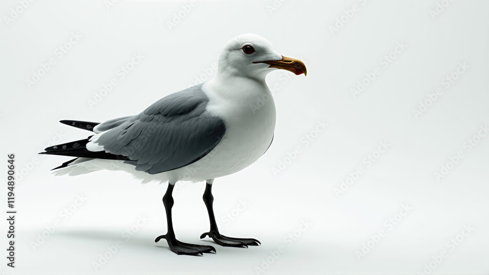 Seagull standing on a plain white background, showcasing its features and posture while looking directly at the viewer Seagull standing on a plain white background, showcasing its features and posture while looking directly at the viewer