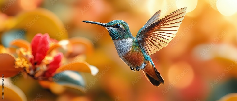 Fototapeta premium [Vibrant hummingbird perched on colorful autumn leaves] Vibrant Autumn Hummingbird Perched on Blooming Branches amidst Yellow and Orange Flowers