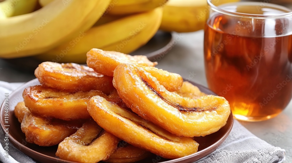 Fried banana slices on plate with tea and fresh bananas. Fried banana slices on plate with tea and fresh bananas.