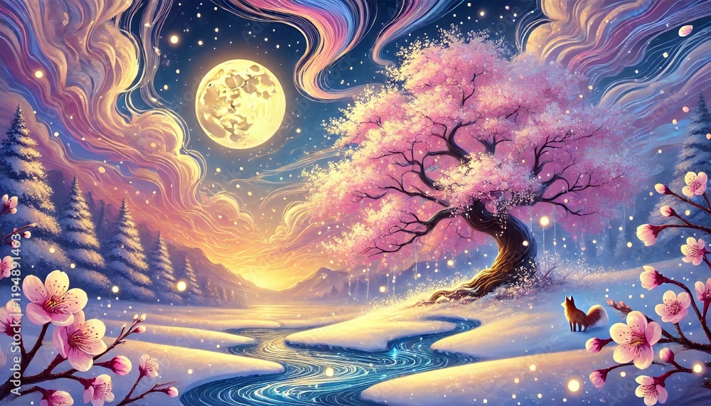 A serene horizontal fantasy illustration capturing a snow-covered cherry blossom tree amidst swirling petals and snowflakes under a golden moonlit night, blending winter and spring in a ambiance. A serene horizontal fantasy illustration capturing a snow-covered cherry blossom tree amidst swirling petals and snowflakes under a golden moonlit night, blending winter and spring in a ambiance.