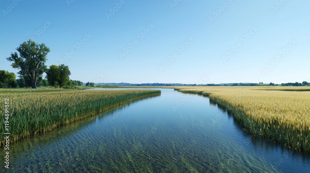 Serene Summer Wheat Field and River Serene Summer Wheat Field and River