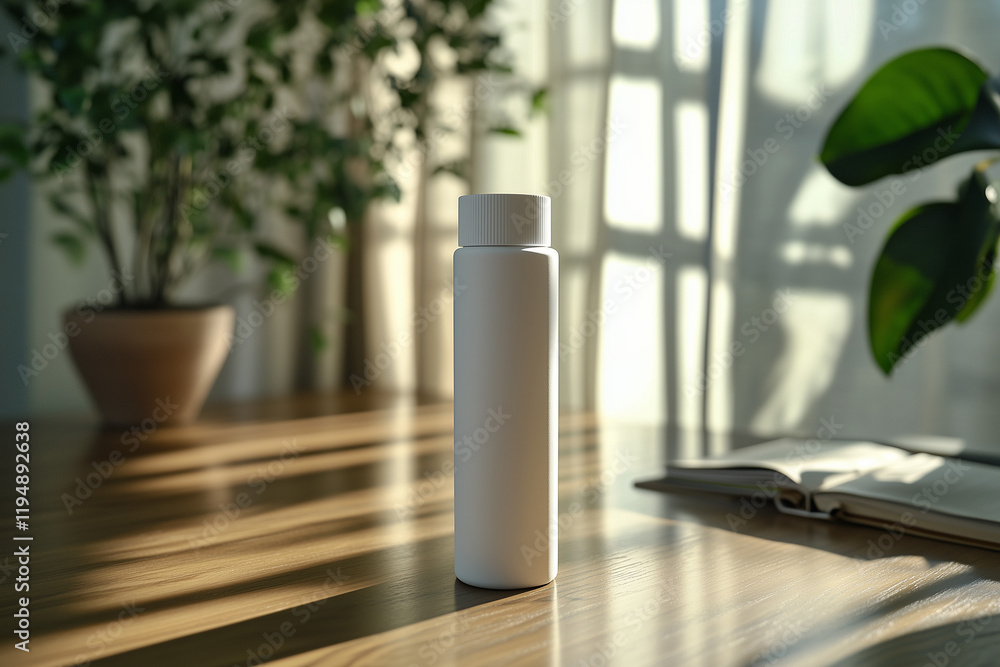 White bottle on wooden table with plants and soft sunlight White bottle on wooden table with plants and soft sunlight