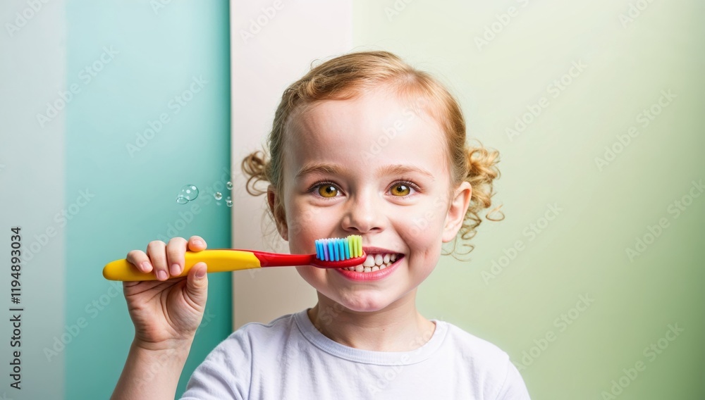 Portrait of laughing happy cheerful infant girl kid with curly blonde hair brushing her teeth, taking care of dental hygiene Portrait of laughing happy cheerful infant girl kid with curly blonde hair brushing her teeth, taking care of dental hygiene
