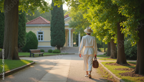 Elegant stroll in a serene park setting during golden hour with lush greenery and historic architecture in view photo