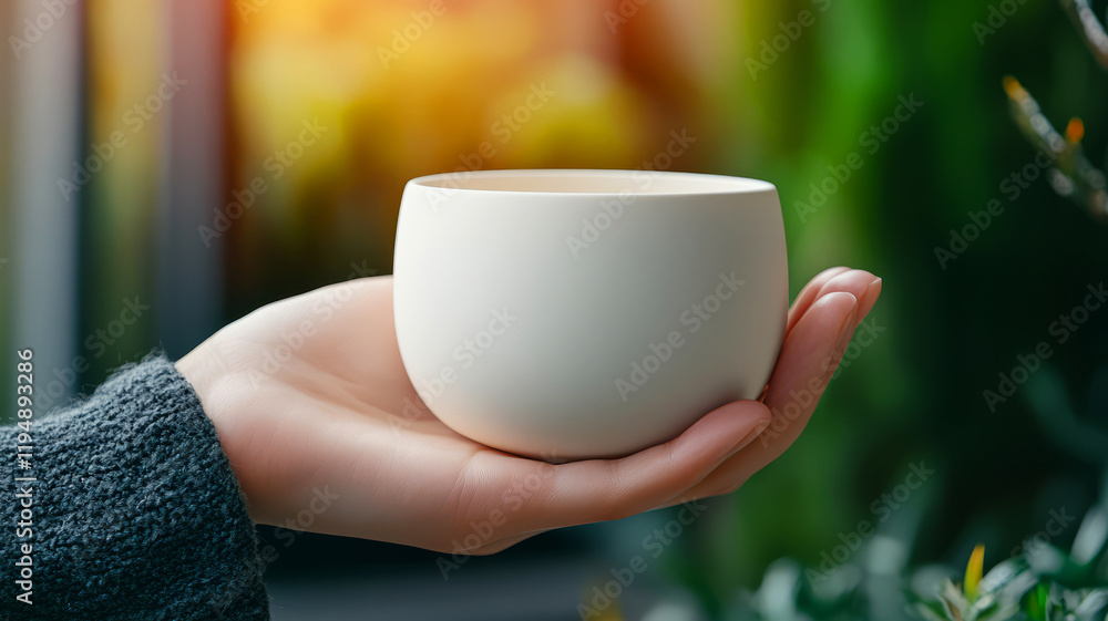 Hand Holding Modern Minimalist Ceramic Bowl in Natural Light with Green Background Hand Holding Modern Minimalist Ceramic Bowl in Natural Light with Green Background
