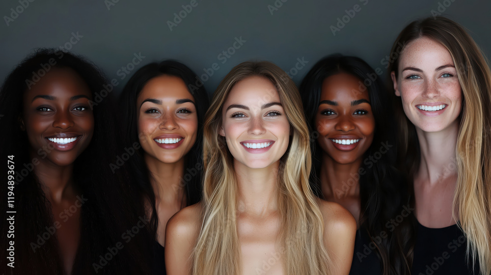 Obraz premium Group of diverse multiracial and multi ethnic female woman smiling. International Women's day 