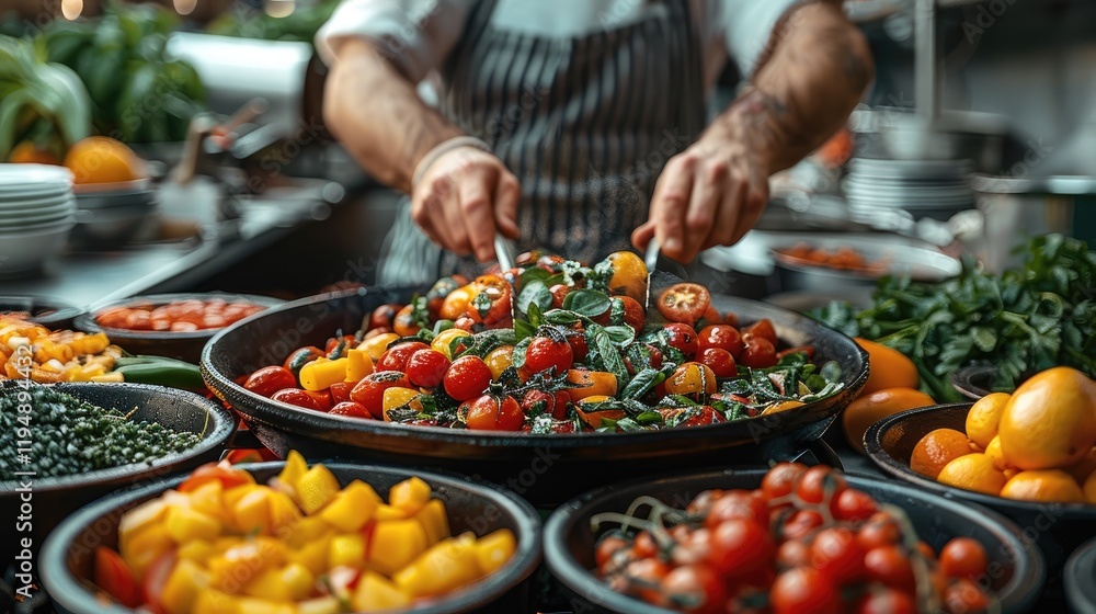 Obraz premium A chef preparing a colorful vegan dish, emphasizing healthy eating trend.