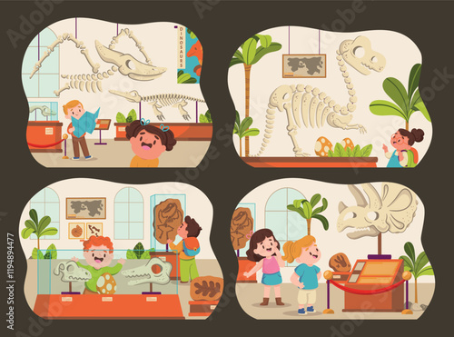 Children Exploring Dinosaur Museum Exhibit