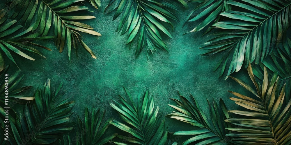 Vibrant green tropical palm leaves arranged around a textured dark green backdrop creating a natural frame and a lush atmosphere Vibrant green tropical palm leaves arranged around a textured dark green backdrop creating a natural frame and a lush atmosphere