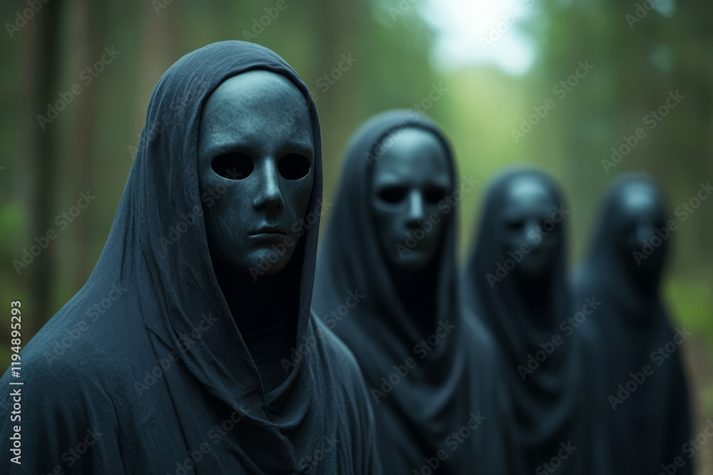 Mysterious Figures in Dark Hoods Amidst Dense Forest Creating Eerie Atmosphere Mysterious Figures in Dark Hoods Amidst Dense Forest Creating Eerie Atmosphere