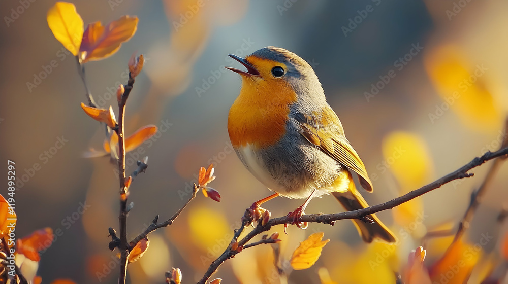 Photo: Bird Singing on Branch in Autumn Light, Nature Wildlife Photography Photo: Bird Singing on Branch in Autumn Light, Nature Wildlife Photography