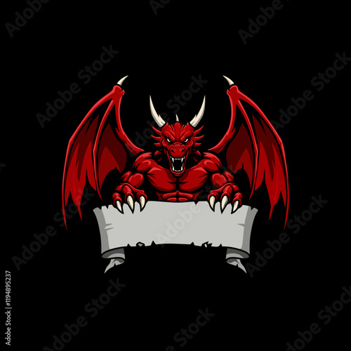 A powerful red dragon with large wings holds a blank banner ideal for a logo or game design.