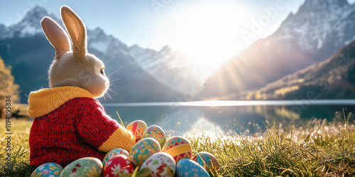Easter bunny spring travel holiday vacation getaway, lake, mountains, colorful decorated eggs, grass, water, sunshine, relaxing rest fresh air outdoors, copy space