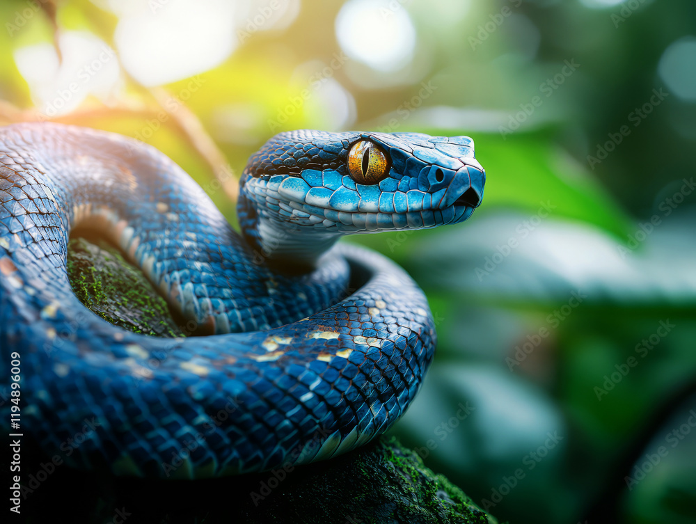 Vibrant Blue Snake Coiled on Green Moss in Lush Tropical Environment Vibrant Blue Snake Coiled on Green Moss in Lush Tropical Environment
