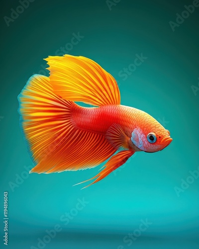 [Tropical fish with long dorsal fin] Vibrant Orange-Red Tropical Fish Against Gradient Teal Backdrop photo