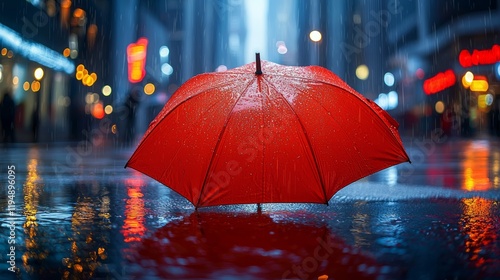 Wallpaper Mural Red umbrella on rainy city street at night; urban solitude, rainy day mood Torontodigital.ca