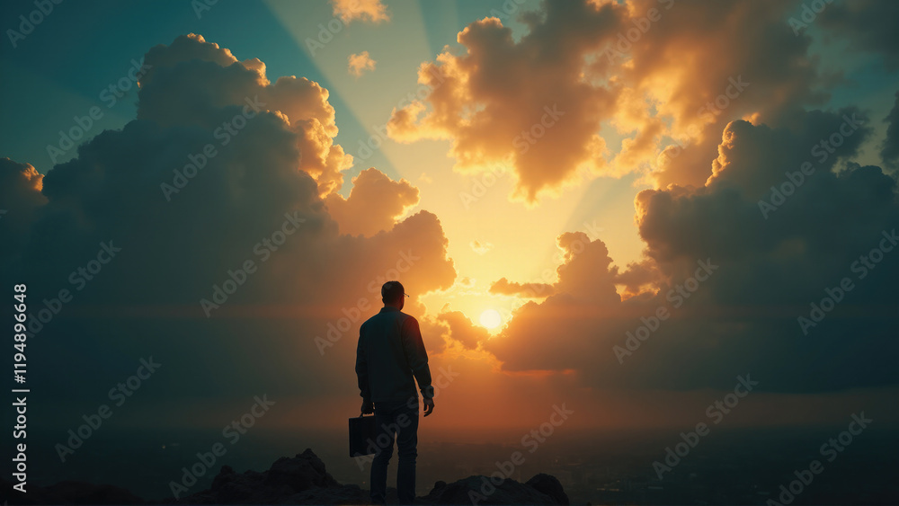 Obraz premium Man standing on a cliff during sunset looking towards vibrant clouds and sun rays in the evening sky
