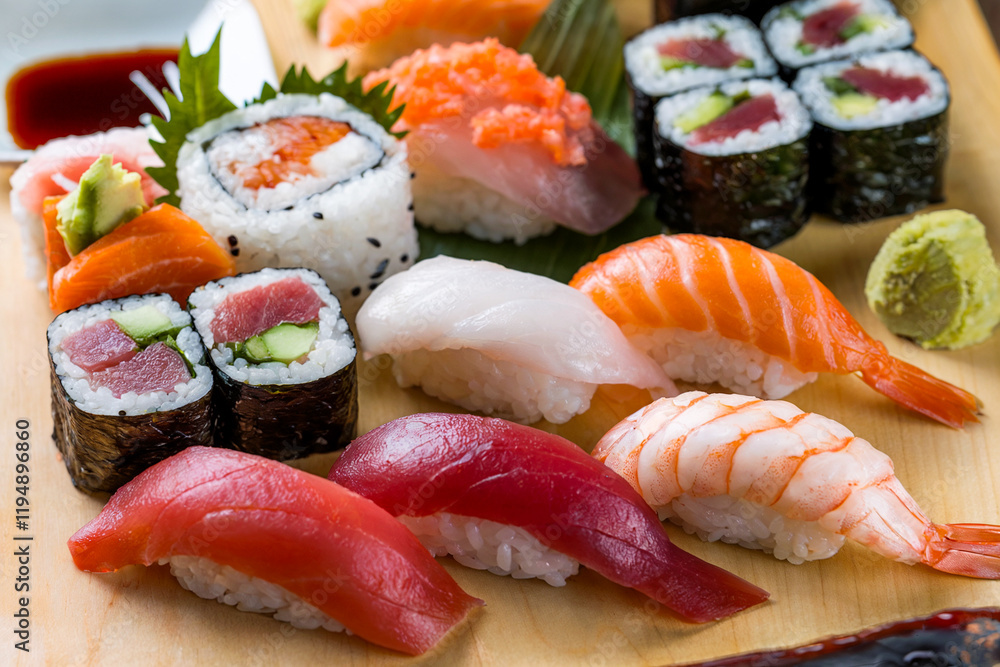 traditional japanese sushi or zushi set or variation with sashimi, maki, tuna, salmon, soy sauce, nigiri, fish food traditional japanese sushi or zushi set or variation with sashimi, maki, tuna, salmon, soy sauce, nigiri, fish food