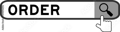 Search banner in word order with hand over magnifier icon on white background