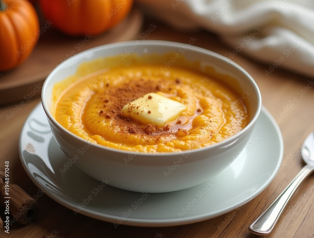 Creamy pumpkin soup served in a bowl garnished with butter and spices in a cozy kitchen Creamy pumpkin soup served in a bowl garnished with butter and spices in a cozy kitchen