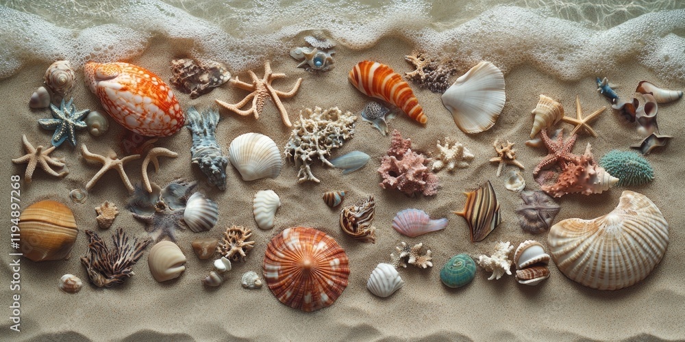 Fototapeta premium Colorful marine elements including seashells, corals, and starfish arranged on sandy beach with gentle foam waves in the background.
