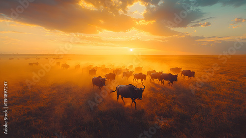 Wallpaper Mural Illustration of Wildebeest Migration at Sunset, Dust, Golden Hour, Savanna Torontodigital.ca