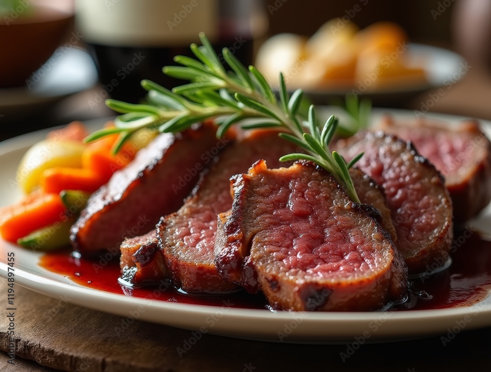 Juicy steak served with colorful vegetables on a plate in a cozy dining setting Juicy steak served with colorful vegetables on a plate in a cozy dining setting