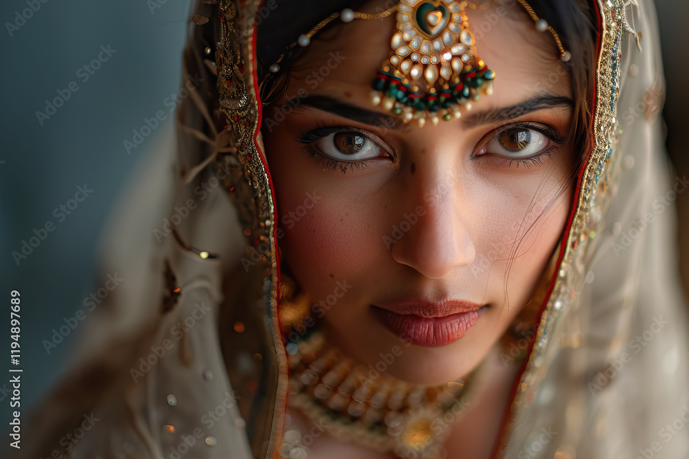 Fototapeta premium Close-up portrait of a young woman in traditional Indian attire Generative AI image