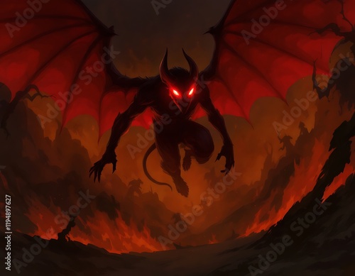Infernal Descent: A Crimson Demon Soaring Over a Fiery Landscape